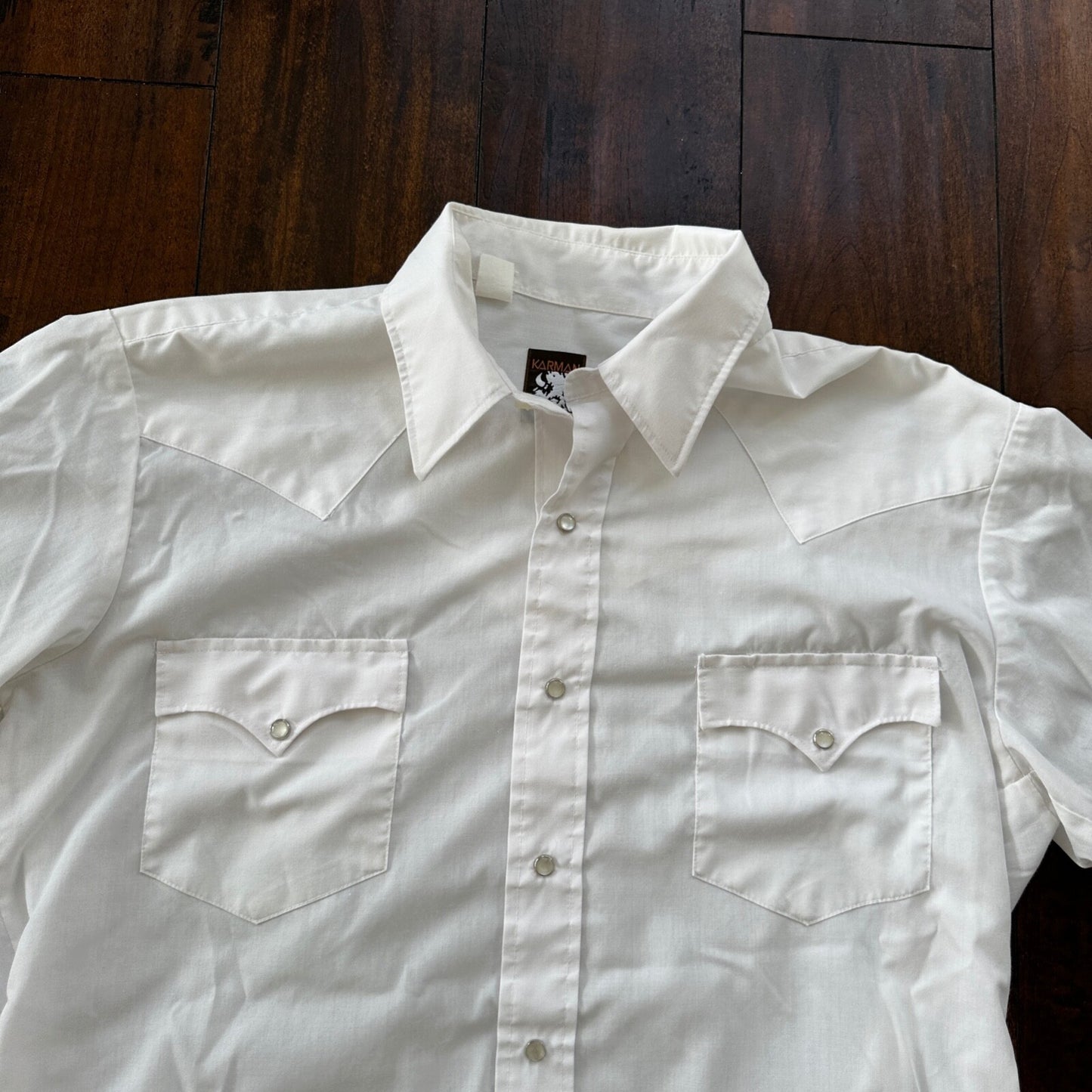 VTG 80s Karman Plain Shirt Mens Lot of 2 Tail Pearl Snap Button Up Poly Stained