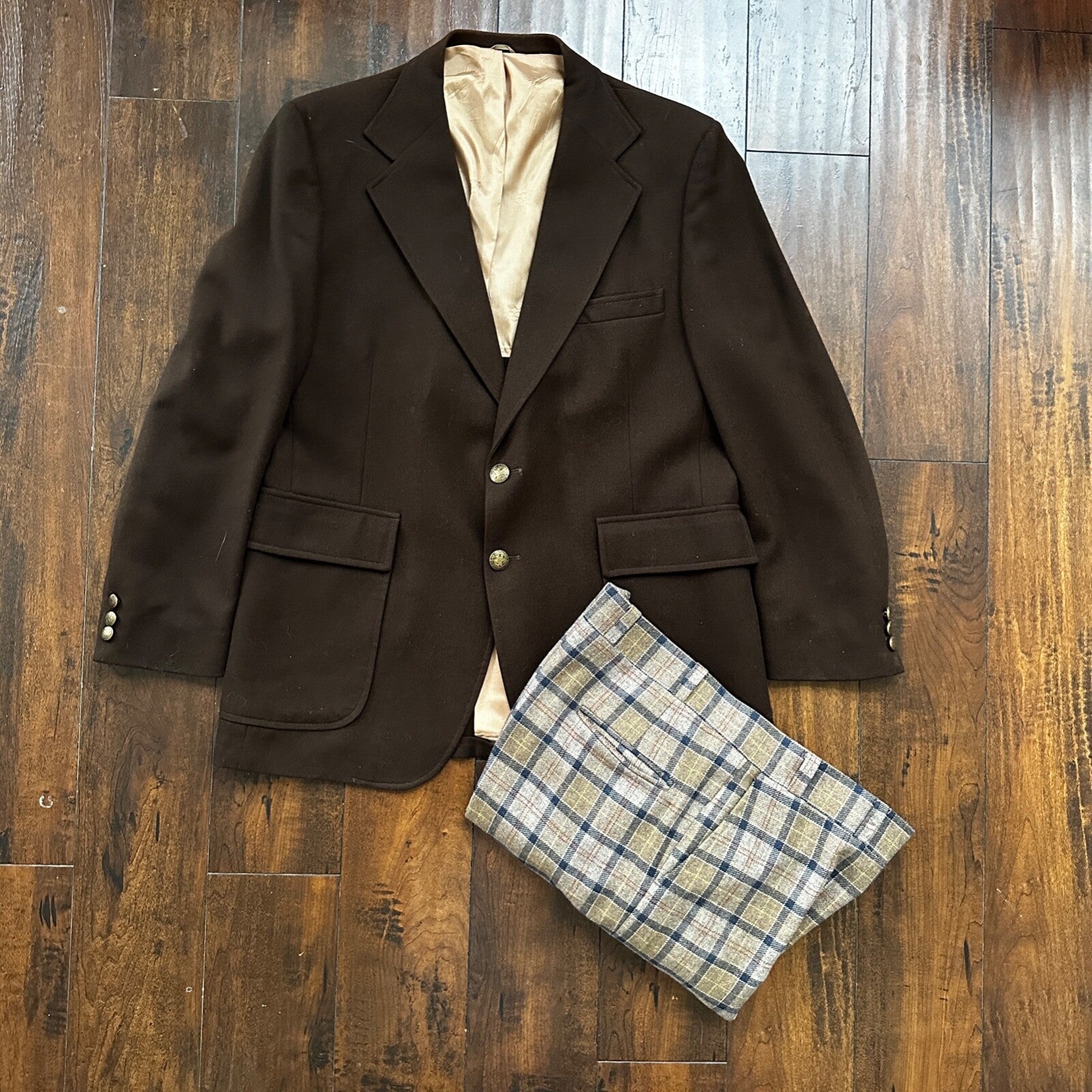 1960s 1970s Brown Sport Jacket VTG Mens Suit 44 36x28 Rockabilly Checkerboard
