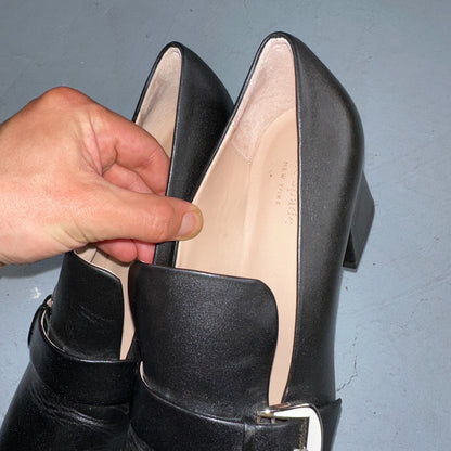 Kate Spade Alia Black Block Heel Pump 9.5 Leather Chunky Silver Tone Buckle