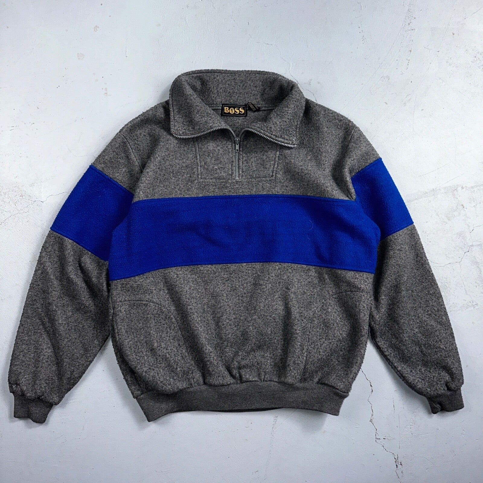 Boss 90s Quarter Zip Fleece Sweater Sweatshirt Jumper Grey Blue 1990s VTG Cool