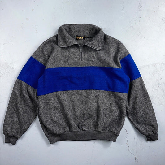 Boss 90s Quarter Zip Fleece Sweater Sweatshirt Jumper Grey Blue 1990s VTG Cool