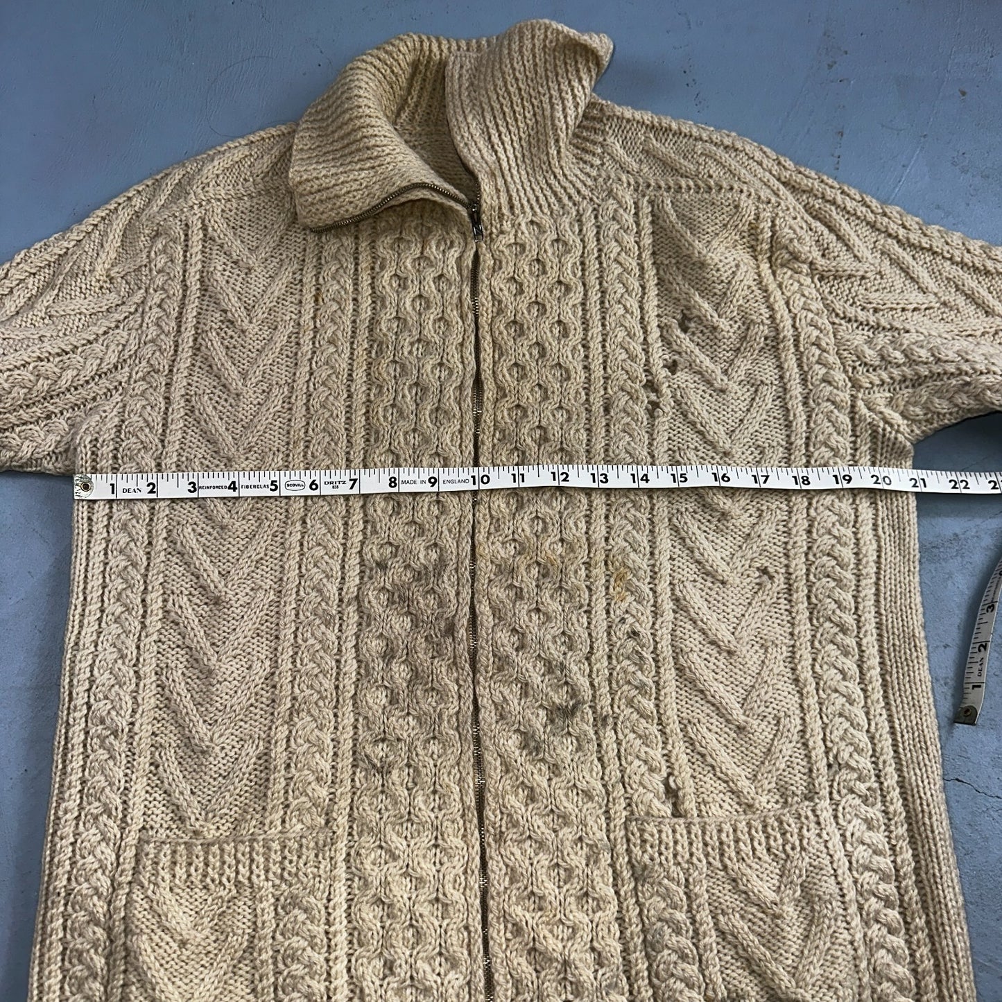 VTG Sweater Mens M Cream Cable Knit Ribbed Full Zip 1960s Rockabilly Ivory Rare