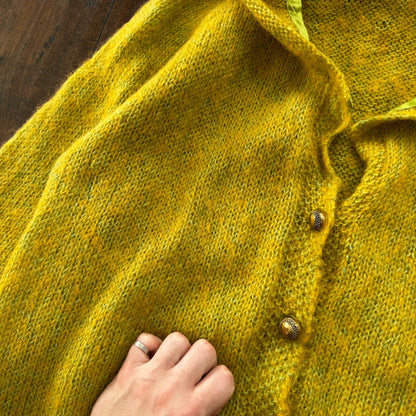 VTG 1960s Green Yellow Pukey Knit Cardigan Sweater Rockabilly 60s Wool Grunge