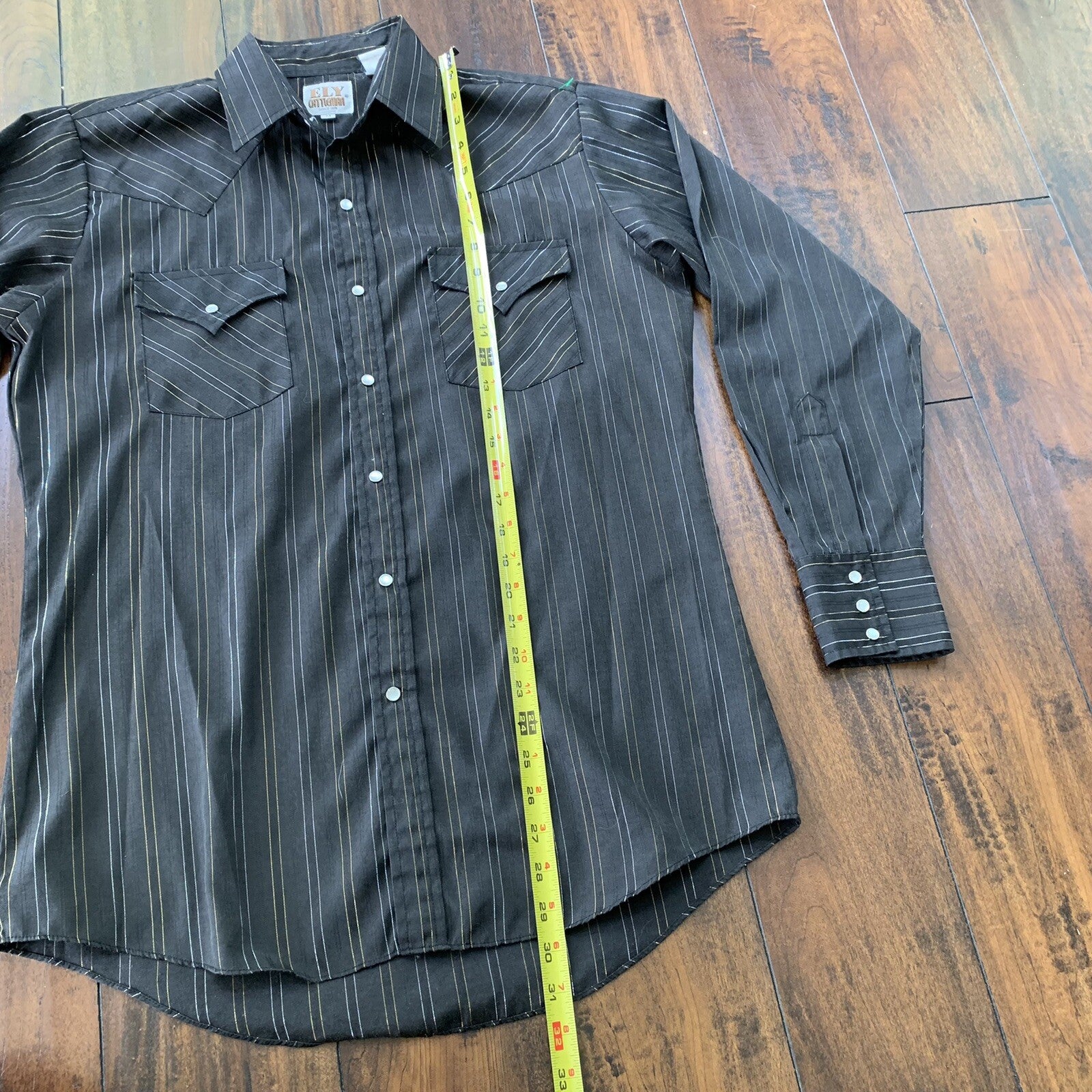 Vintage 60s Ely Cattleman Pearl Snap M Western Shirt Black Silver Gold 70s True