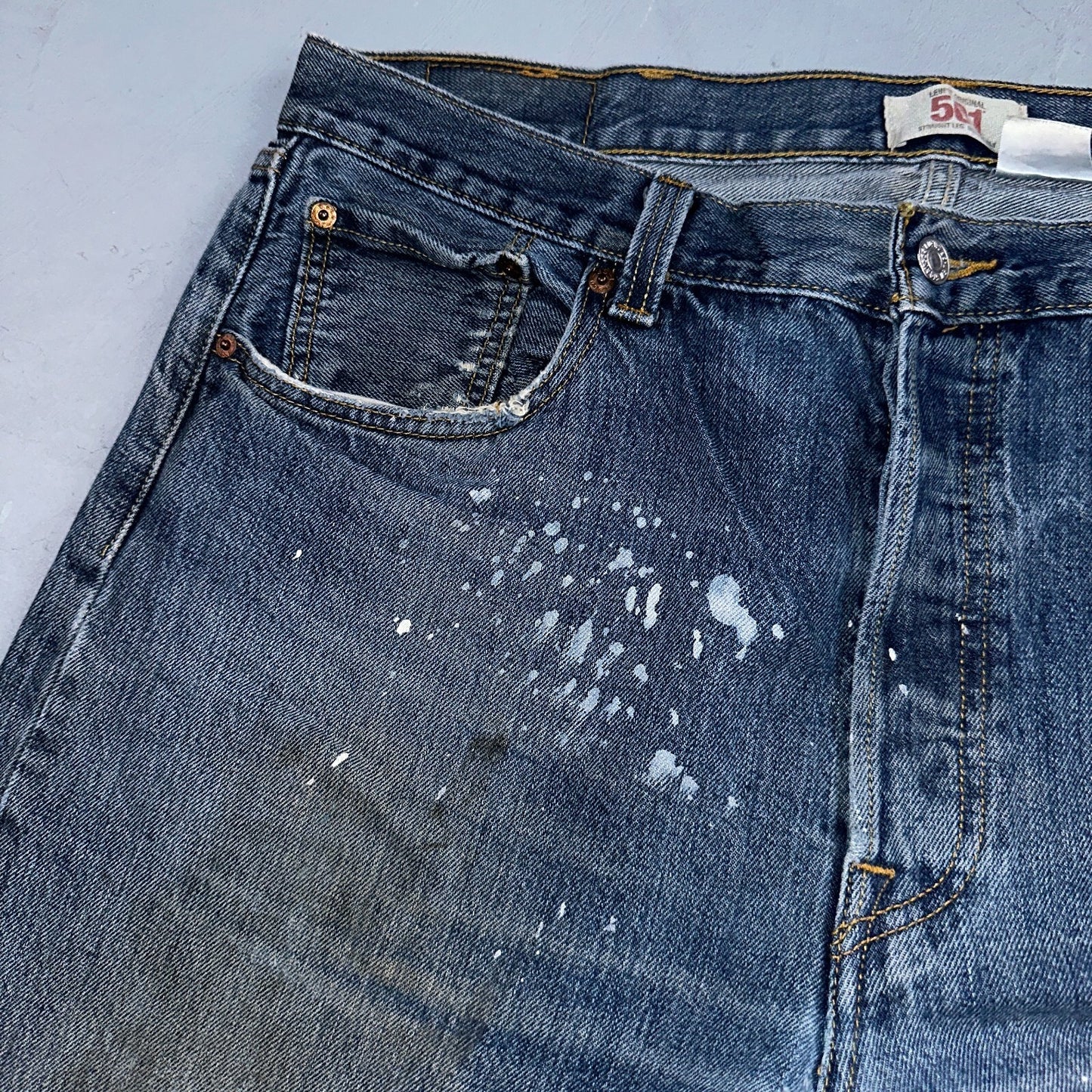 Levis 501 Vintage Y2K XX Straight Leg Jeans Blue Med Wash Paint 38x30 Act 38x29