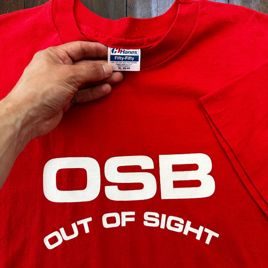 OSB Funny Vintage T Shirt Out Of Sight Quite Shy Construction Humor Hanes Red 80