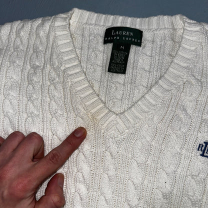 Lauren Ralph Lauren White Cable Knit V Neck Pullover Sweater Womens M Cotton