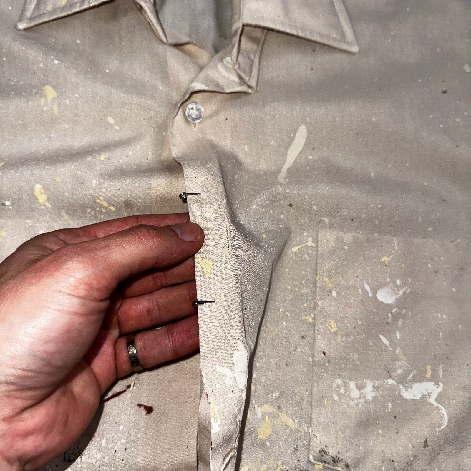 VTG 60s 70s Paint Stained Sears Perma Prest Short Sleeve Camp Shirt 16 Thrashed