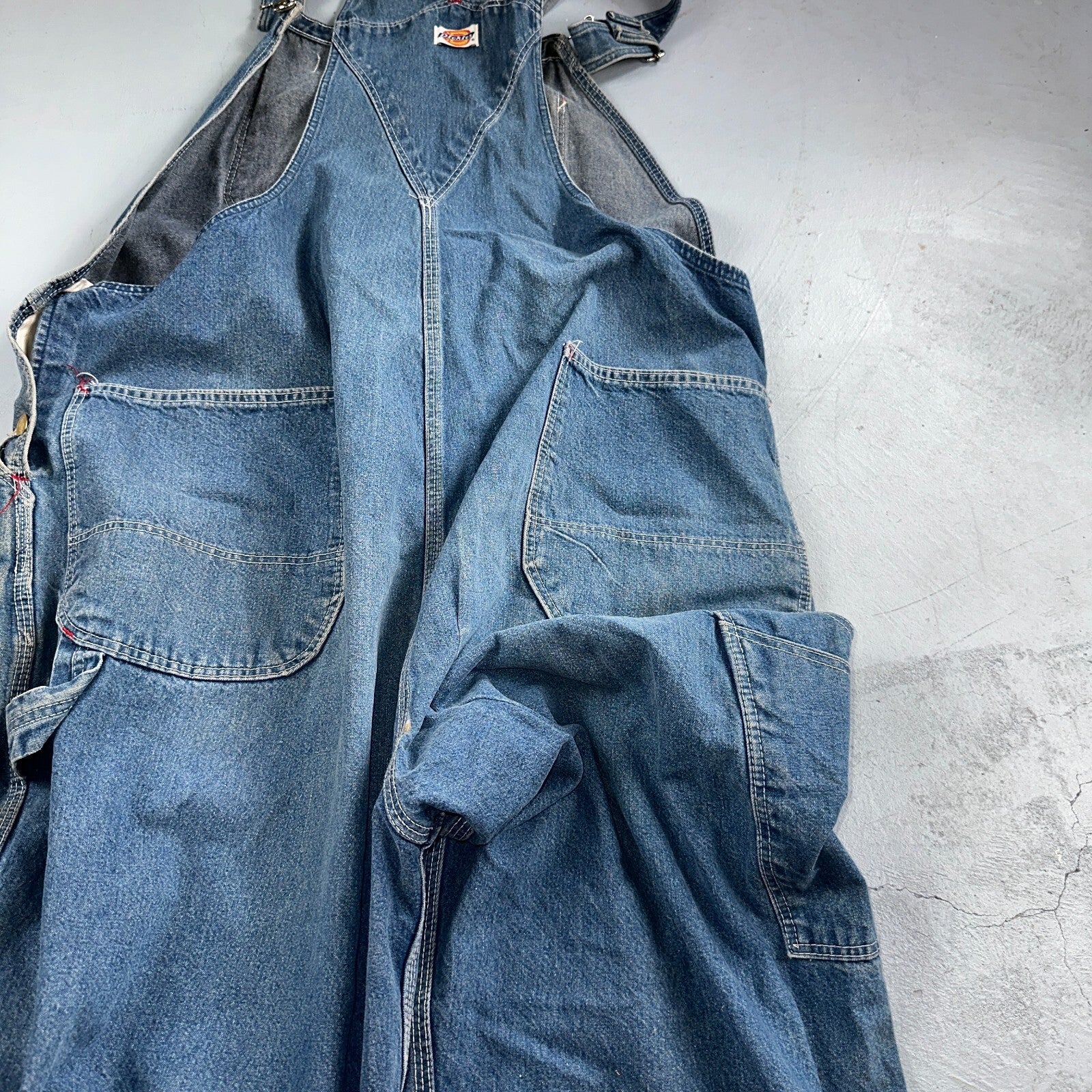Dickies Vintage 70s Denim Bib Overalls 44x32 Carpenter Indigo Blue Workwear USED