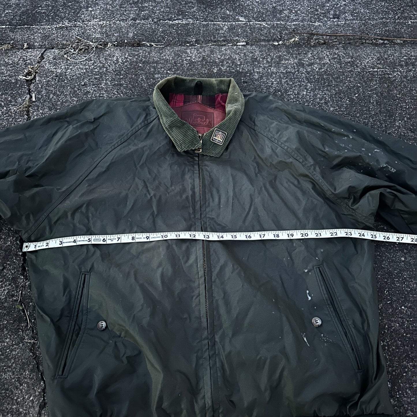 Vintage Woolrich Bomber Jacket Green USA Stained 90s Red Lining USED HEAVY