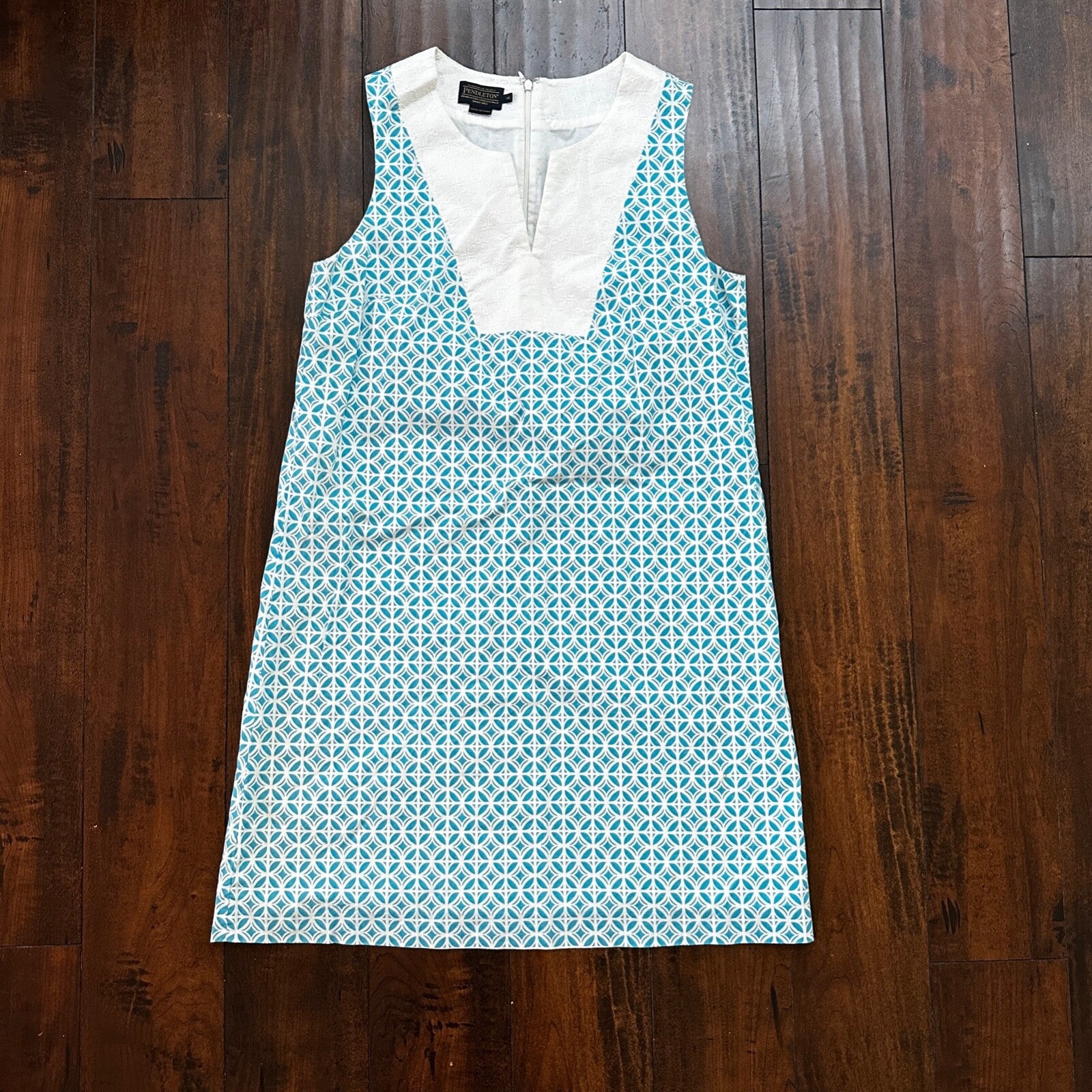 Pendleton Blue & White Sleeveless Dress Size 12 Summer Cute Pattern VTG Style