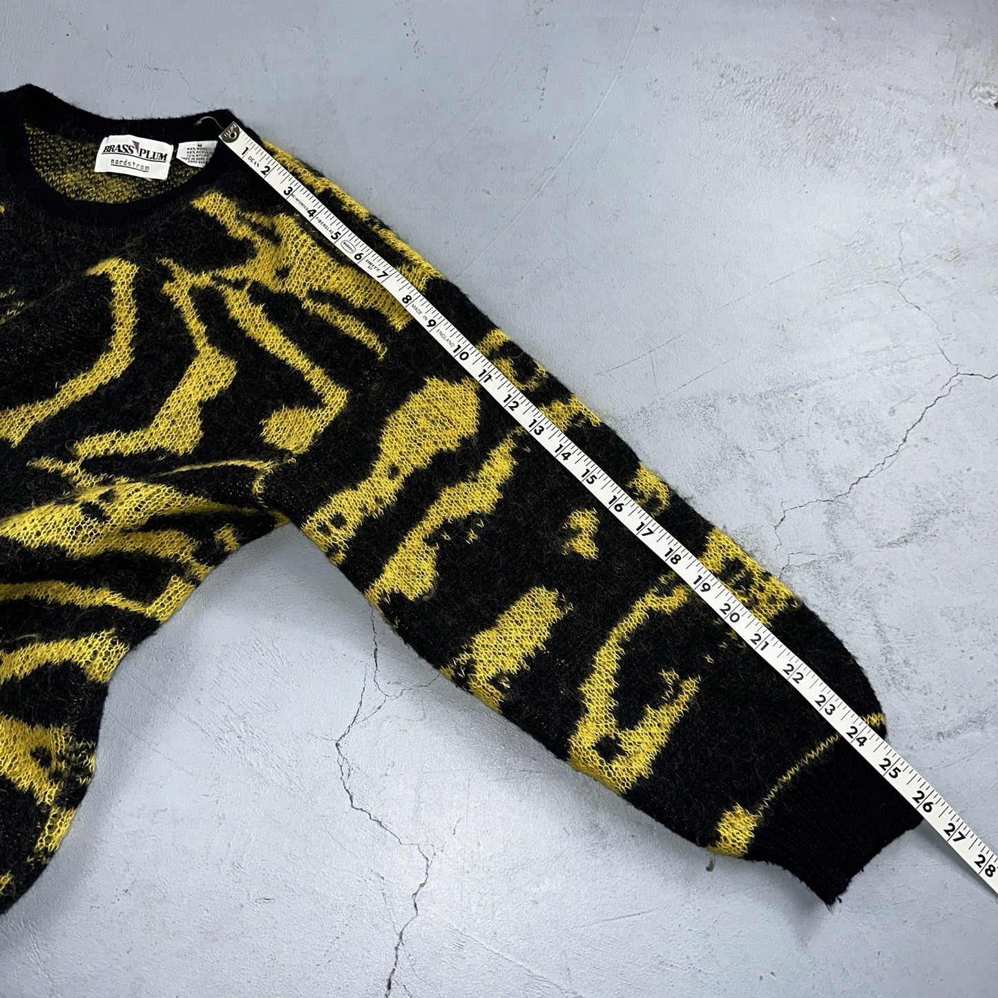 Vintage Nordstrom Brass Plum Nordic Yellow Black Wool Sweater M 80s Retro