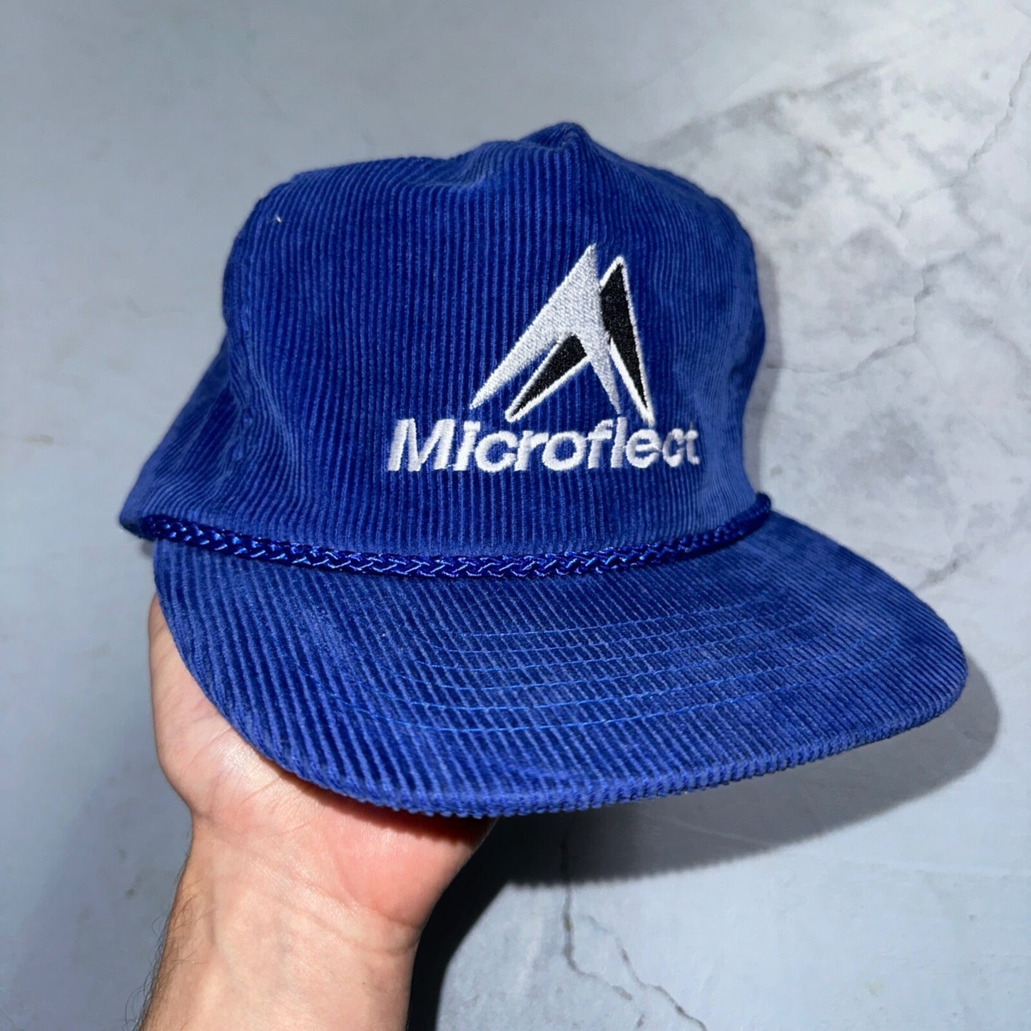 Microflect Blue Corduroy VTG Hat Cap Snapback Radio Television TV Promo Trucker