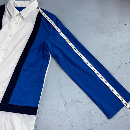 White Blue Long Sleeve Button Up Womens L Vintage 90s China Abstract Striped