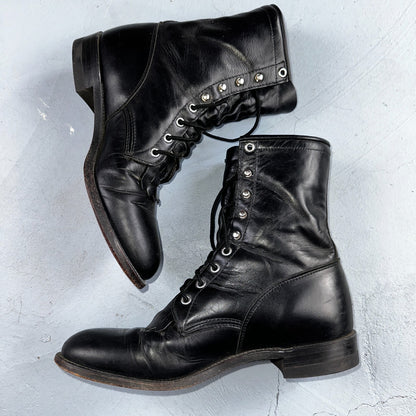 Vintage Justin Black Leather Roper Boots USA 9D Lace-Up Western Logger 506
