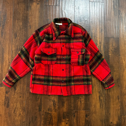 Vtg 60s Rockabilly Grunge Mens Double Pocket Plaid Flannel Shirt Jac 1960s Red
