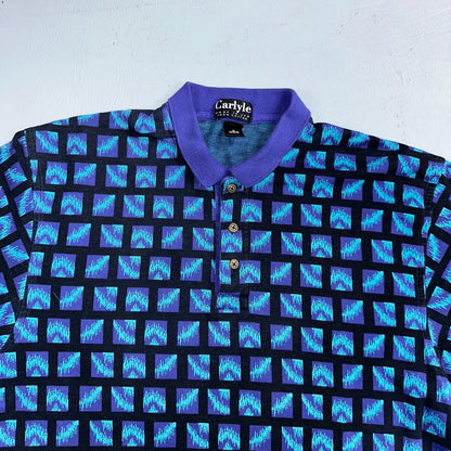 Carlyle VTG Short Sleeve Knit Polo Sz L Rockabilly Crazy Print Pattern Blue 70s