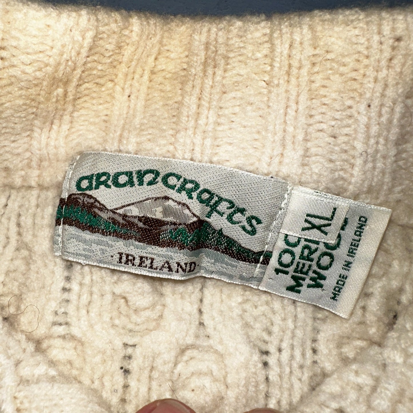 Aran Crafts Ireland Ivory Merino Wool Cable Knit Fisherman Sweater XL 1/4 VTG