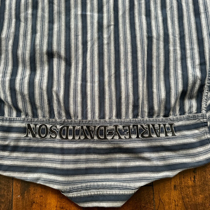 Harley Davidson Shirt Button Up XL Short Sleeve VTG Embroidery Striped Blue