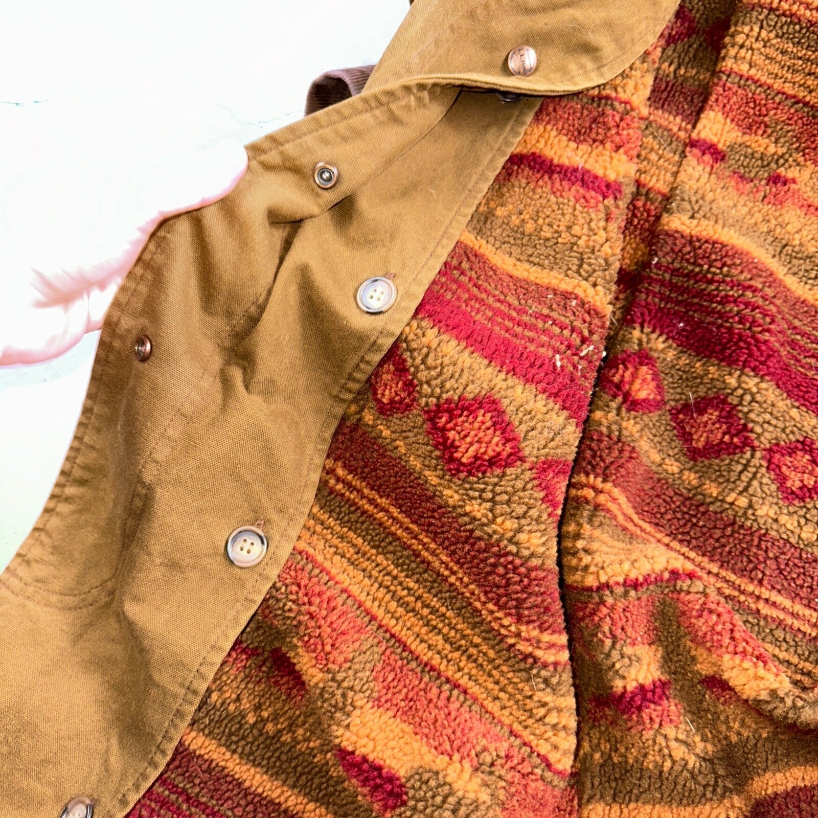 Vintage LL Bean Aztec Fleece Lined Womens Canvas Long Button Duster Coat M