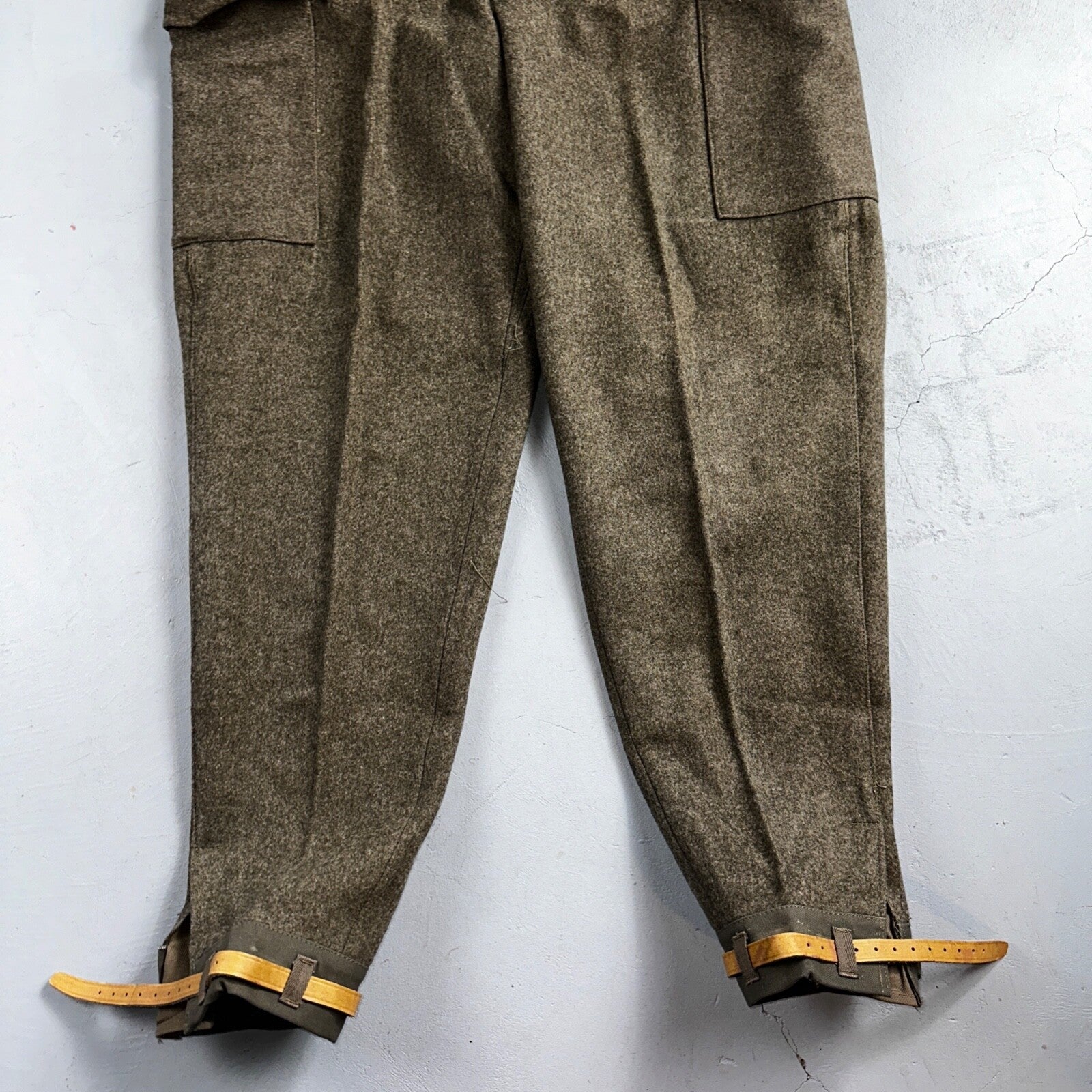 Vintage 1940s Swedish Army Wool Cargo Heavy Pants WWII Leather Straps 35x32