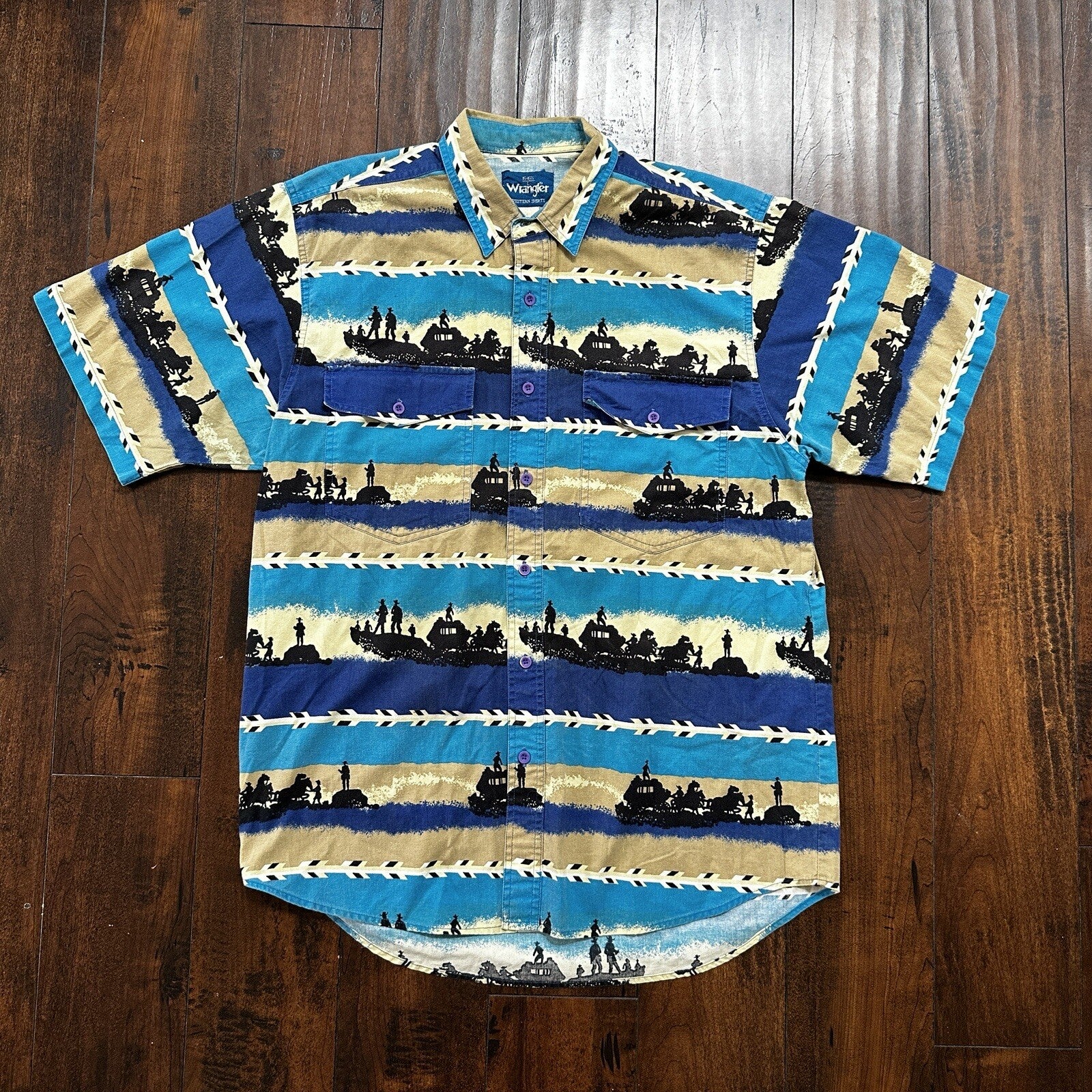 Wrangler VTG Aztec All Over Print Cowboy Cut Button Up Shirt Mens 16.5 USA