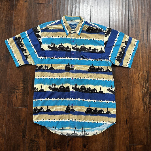 Wrangler VTG Aztec All Over Print Cowboy Cut Button Up Shirt Mens 16.5 USA