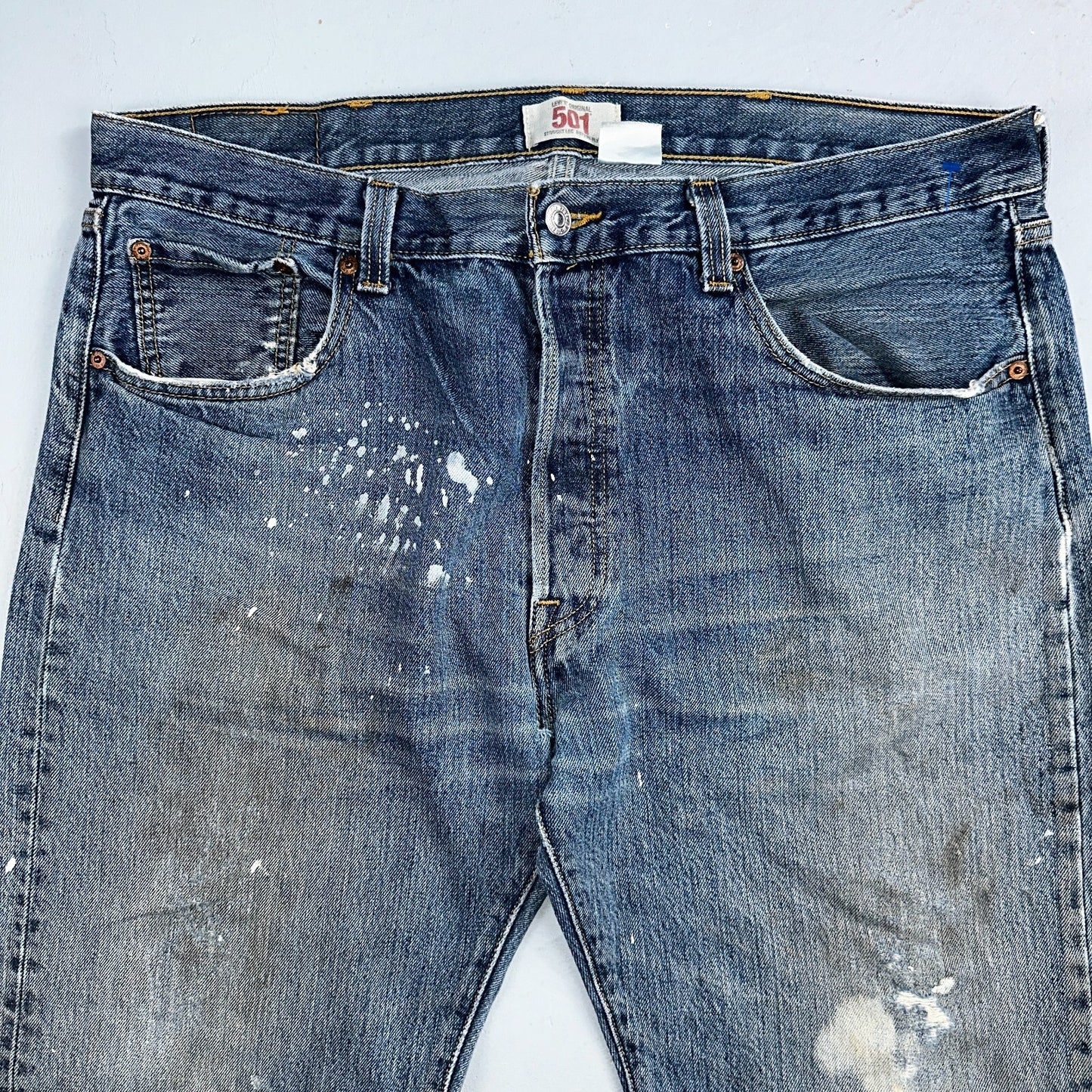 Levis 501 Vintage Y2K XX Straight Leg Jeans Blue Med Wash Paint 38x30 Act 38x29