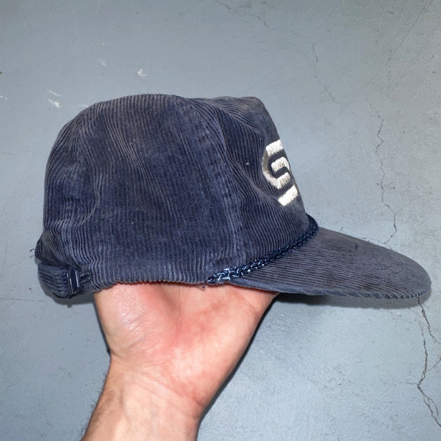 British Steel Alloys VTG Hat Cap Snapback Corduroy Blue 80s Rare Used