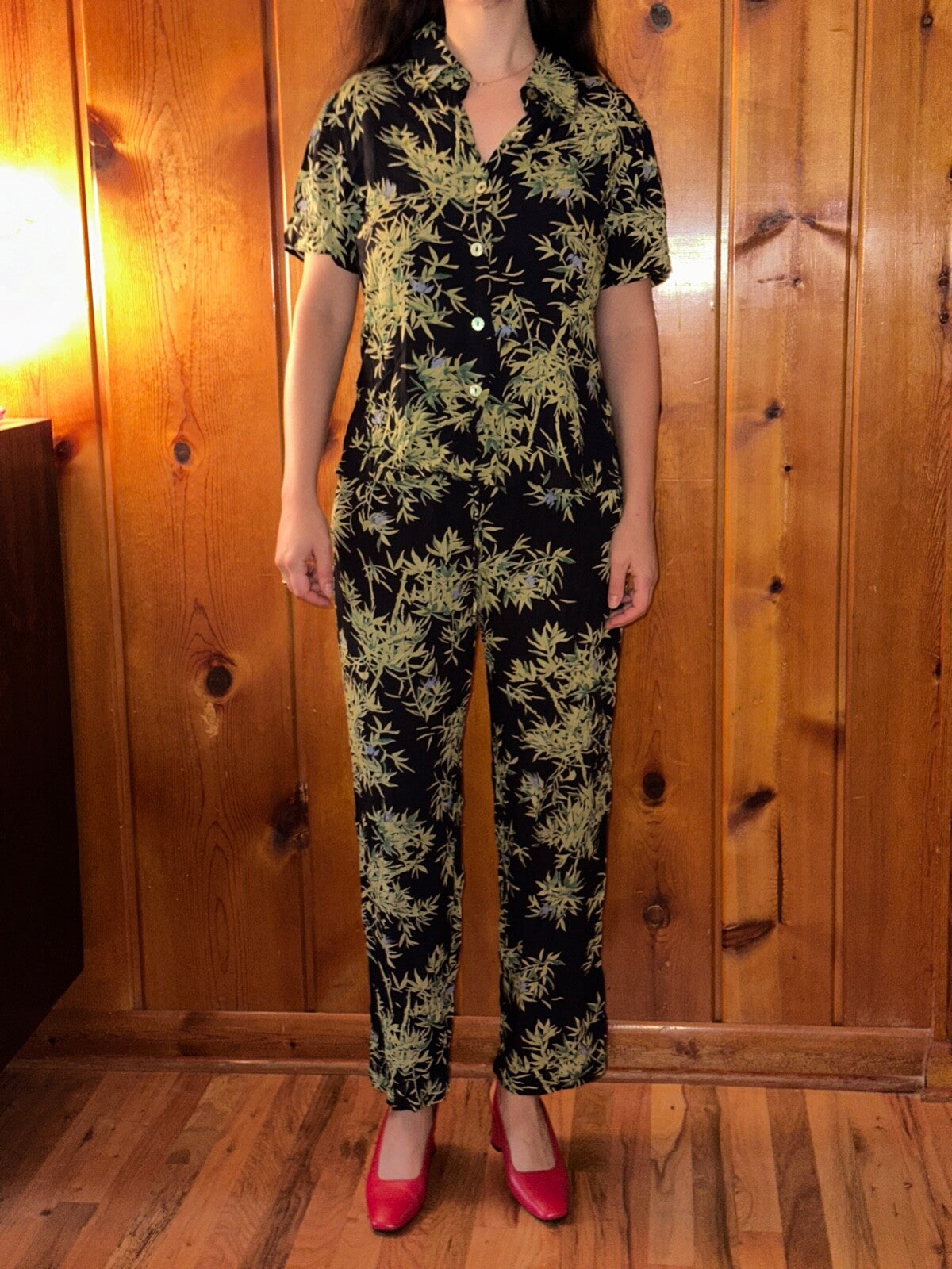 Clio VTG 2 Piece Set Blouse Shirt Pants Rayon Hawaiian Floral Boho Chic 1980s