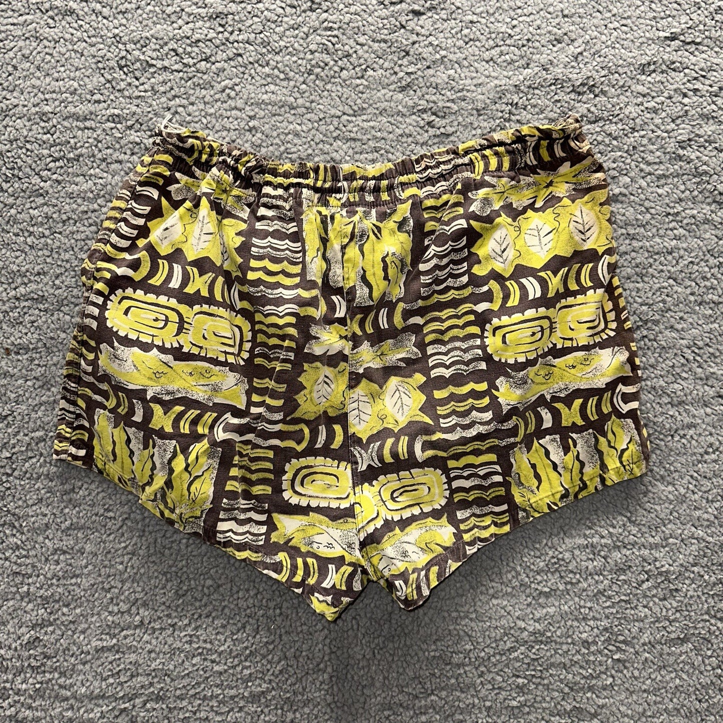 Vtg 40s California Aloha Yellow 50s Swim Trunks Board Shorts Floral Rockabilly