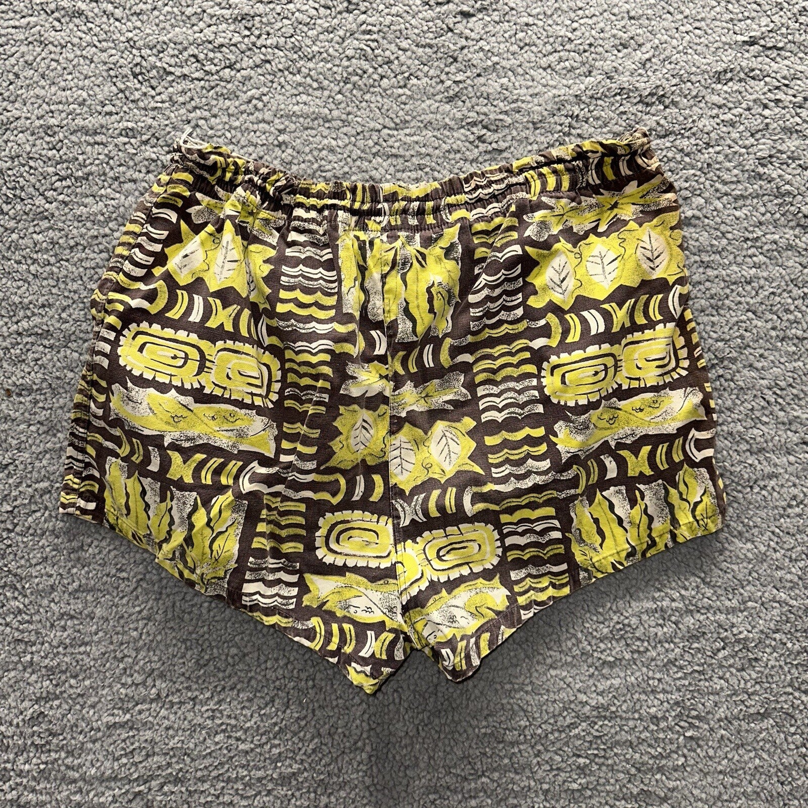 Vtg 40s California Aloha Yellow 50s Swim Trunks Board Shorts Floral Rockabilly