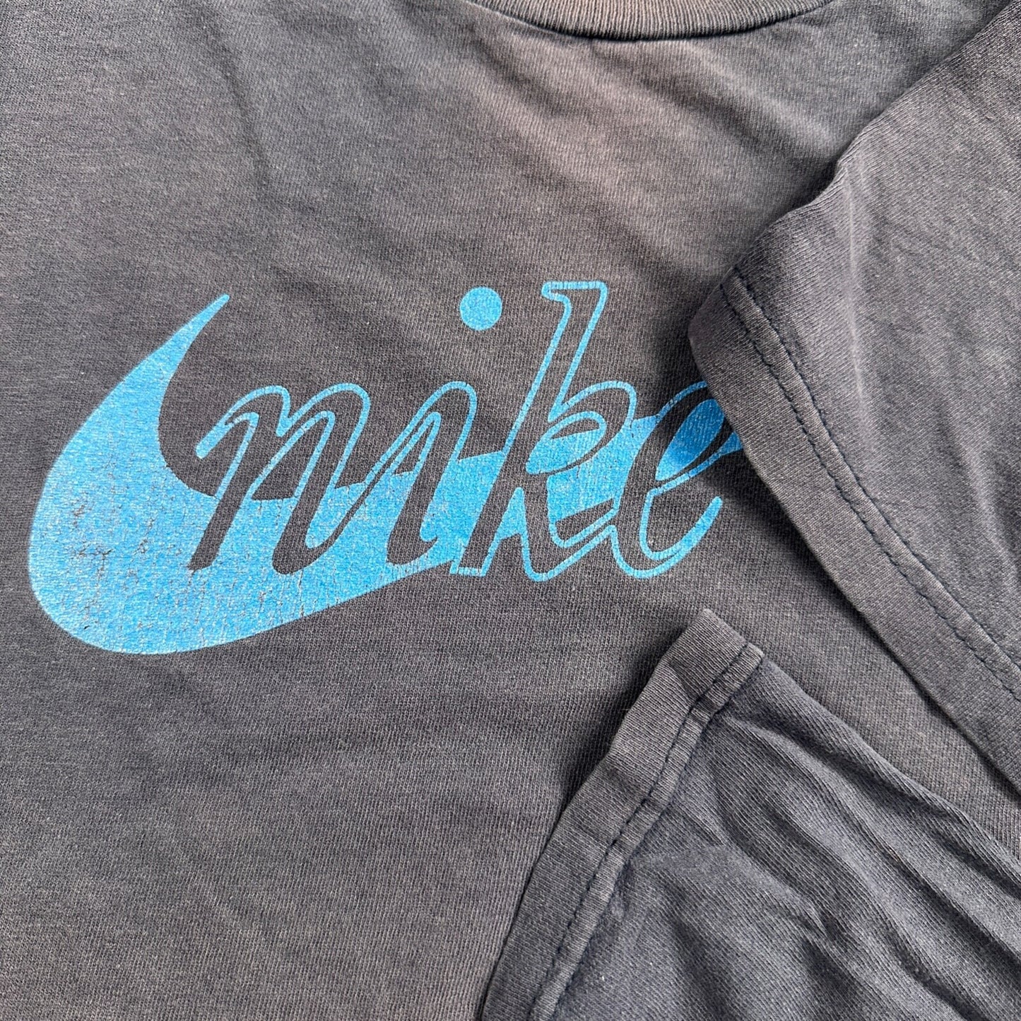 Nike OG Swoosh Logo Y2K VTG T Shirt Center Navy Faded Blue Check 70s Repro