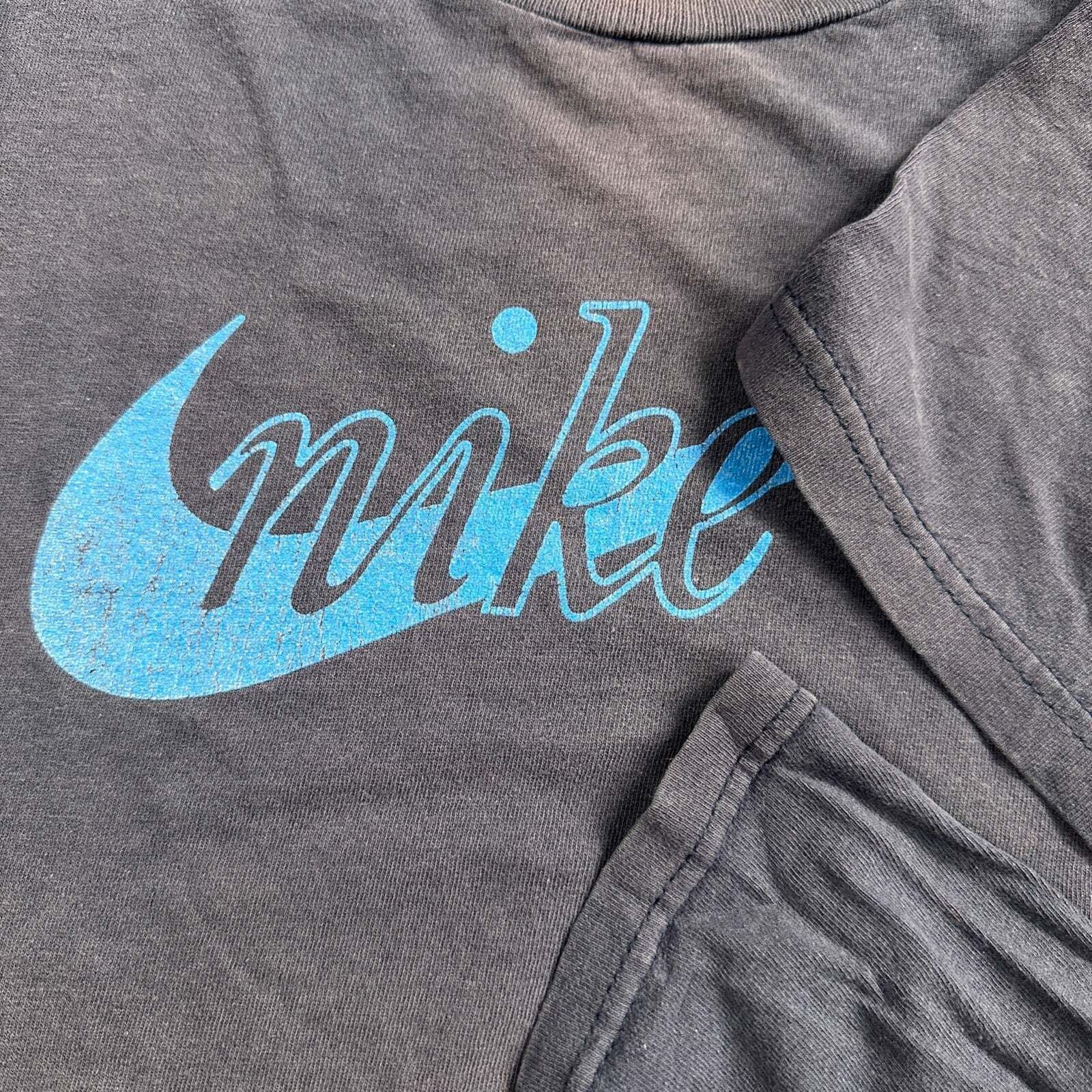 Nike OG Swoosh Logo Y2K VTG T Shirt Center Navy Faded Blue Check 70s Repro