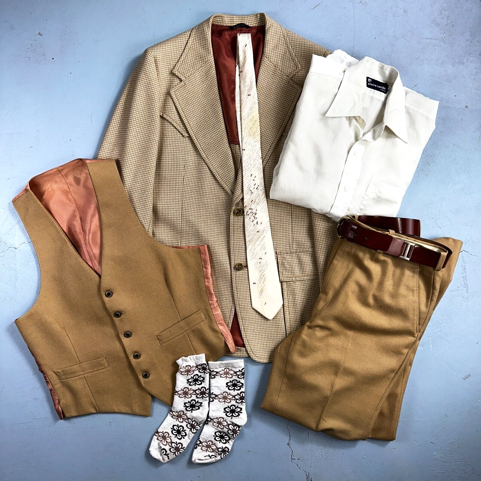 VTG Mens 3 PC Suit 40 Jacket Coat Pants Brown Rockabilly 70s 1970s Complete Fit