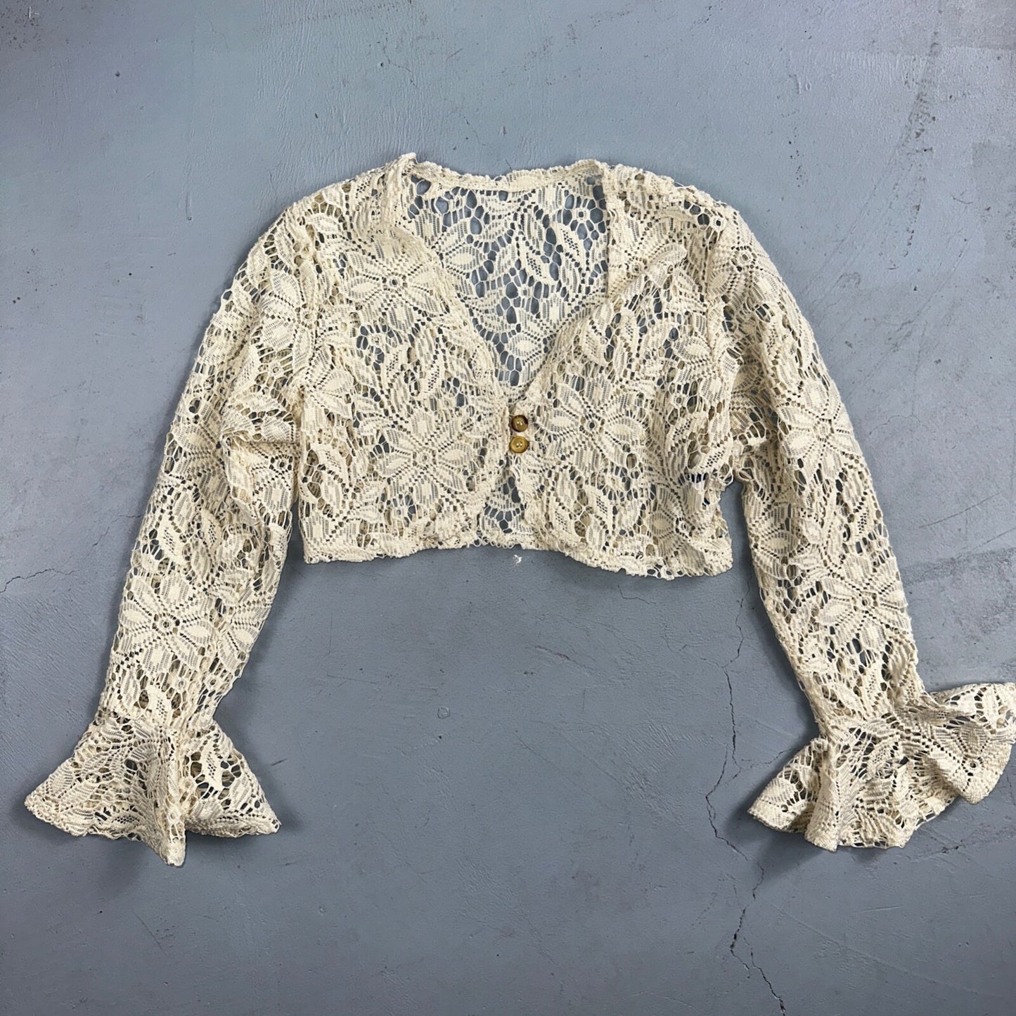 Womens Beige Open Knit Cardigan Sweater Jumper Pullover Size S Lace Crop Top 80s