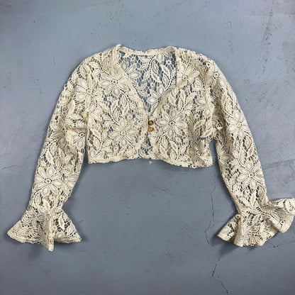 Womens Beige Open Knit Cardigan Sweater Jumper Pullover Size S Lace Crop Top 80s