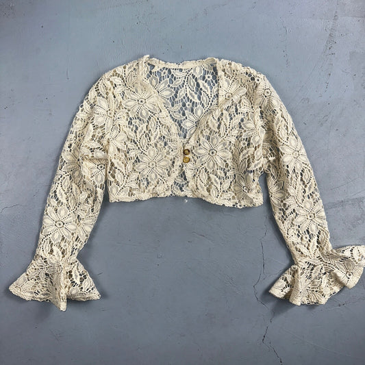 Womens Beige Open Knit Cardigan Sweater Jumper Pullover Size S Lace Crop Top 80s