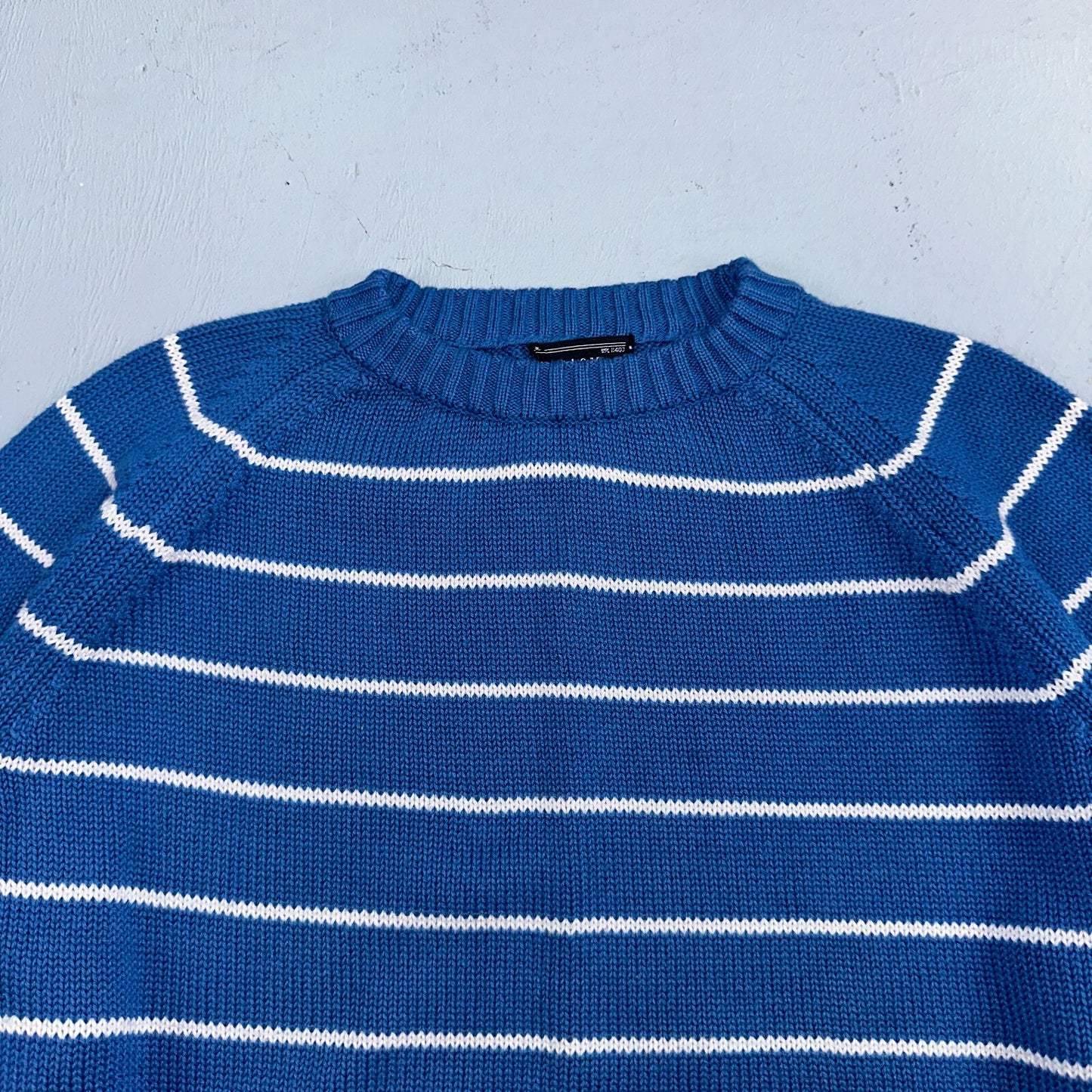 Vintage Preswick & Moore Cotton Blue Knit Crewneck Sweater Striped Chic