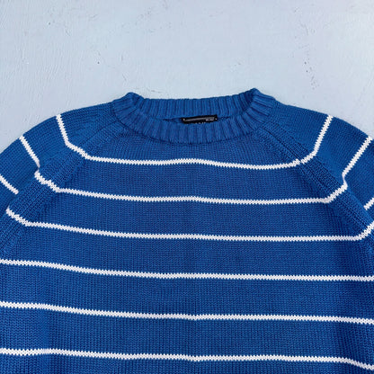 Vintage Preswick & Moore Cotton Blue Knit Crewneck Sweater Striped Chic