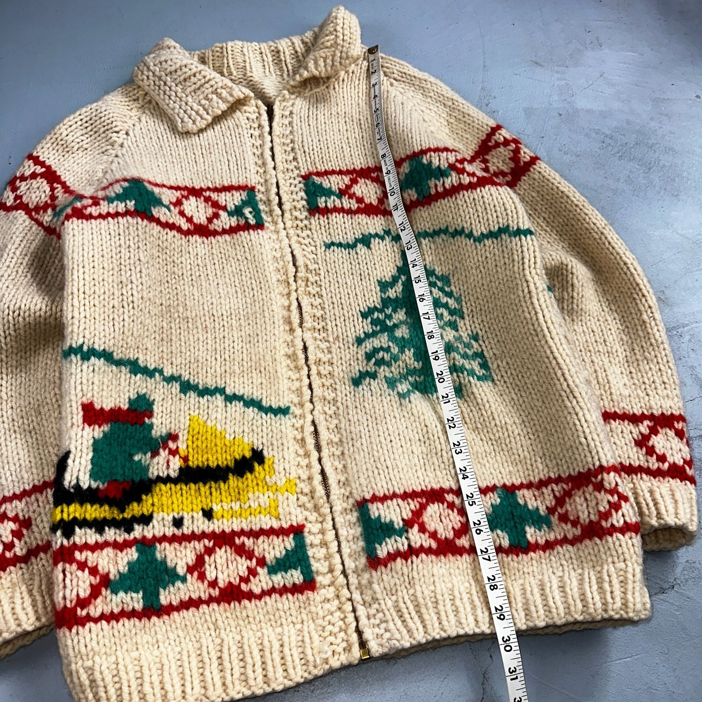 VTG 1950’s Cowichan Wool Full Zip Up Hand Knit Sweater Winter Sled Novelty Talon