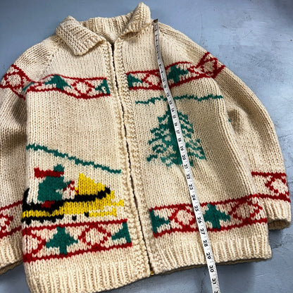 VTG 1950’s Cowichan Wool Full Zip Up Hand Knit Sweater Winter Sled Novelty Talon