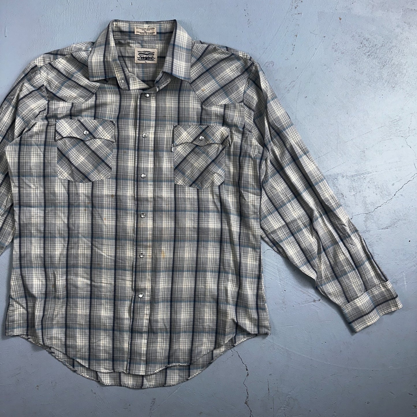 Levis VTG 1980s Pearl Snap Button Shirt Mens L Plaid 80s Cowboy Shirt Korea LS