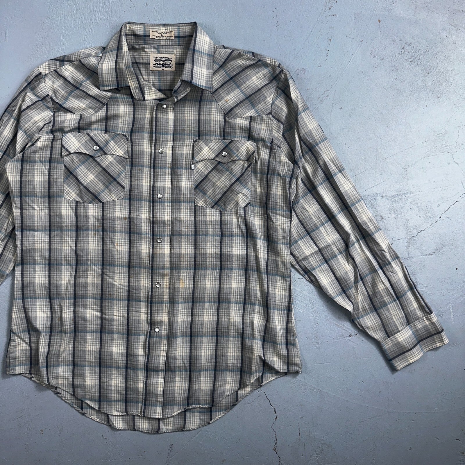 Levis VTG 1980s Pearl Snap Button Shirt Mens L Plaid 80s Cowboy Shirt Korea LS