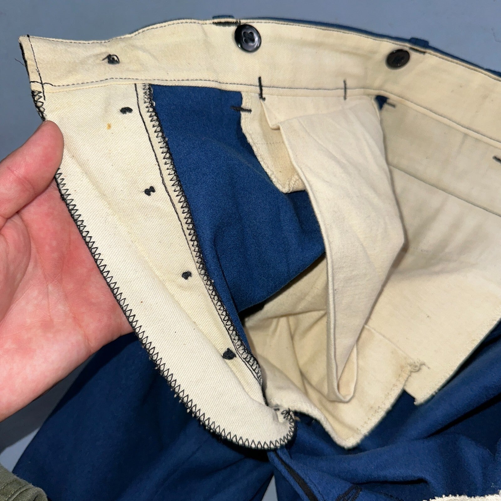 VTG Wool Trousers Pants Sz 31x31 1940s WWII Button Fly Wide Leg Dress Suit Blue