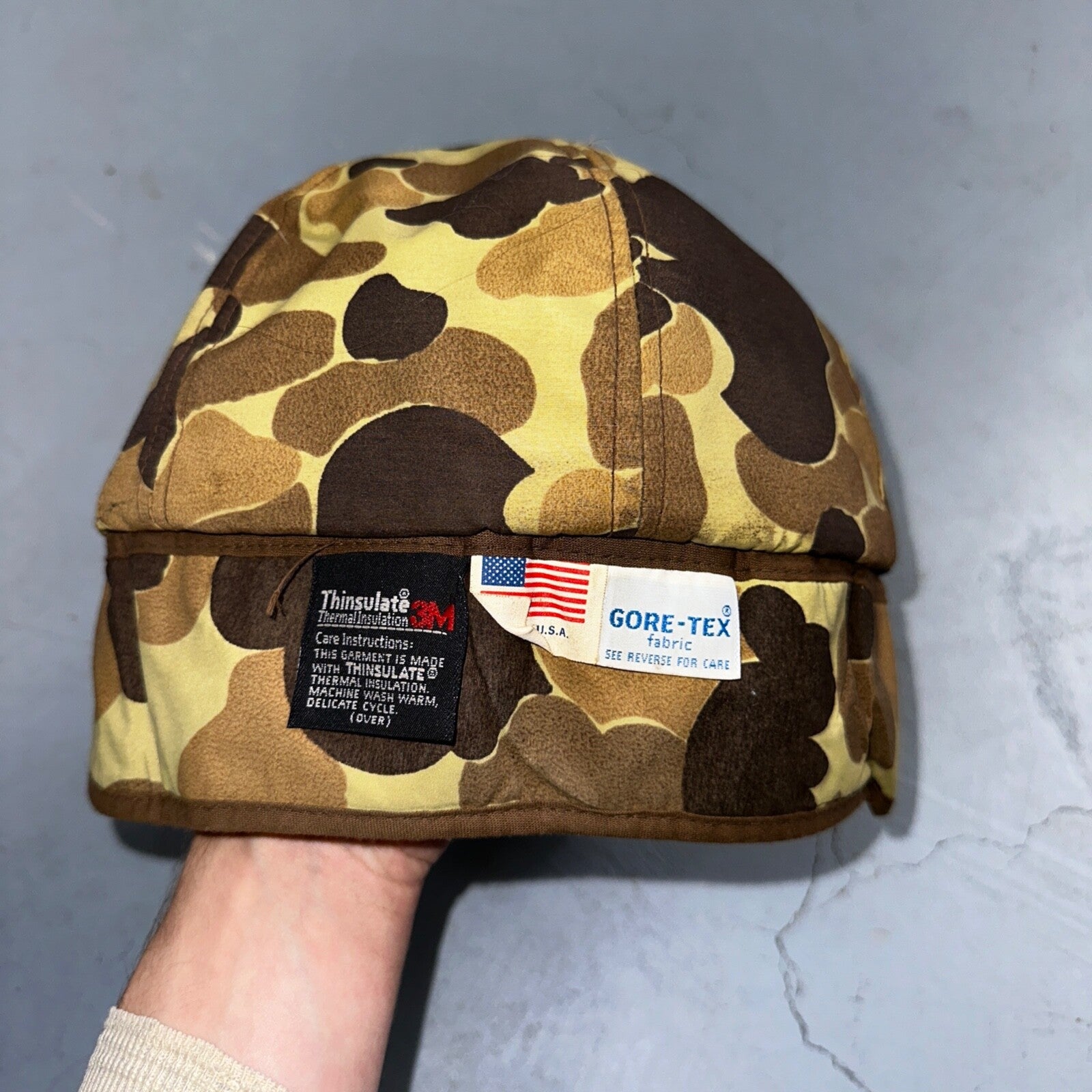Goretex Duck Camo Hat w/ Earflaps Cap Dunn Large VTG Hunting Thinsulate 90s
