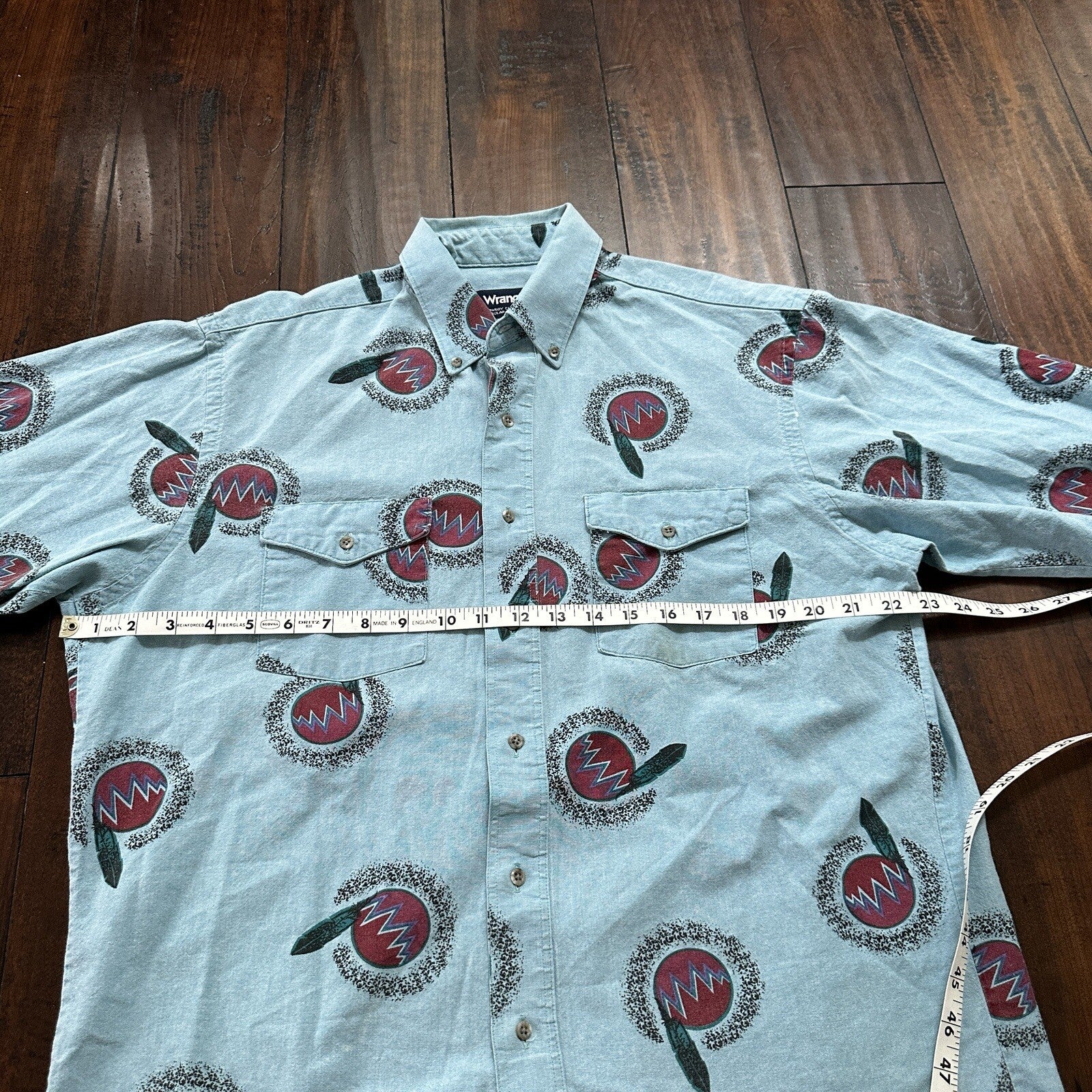 Wrangler VTG Aztec All Over Print Cowboy Cut Button Up Shirt Mens 16.5 USA