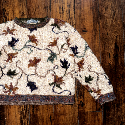 Women's Icelandic Design Sweater SZ Large Cropped Wool Fair 70s 80s Fall Leaves