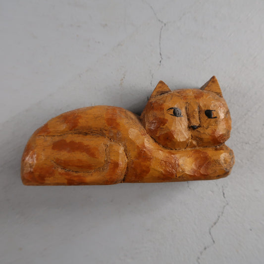 Small Carved Wood Sitting Cat Folk Art Figure Cute Hand Made Lucky Cute Luck