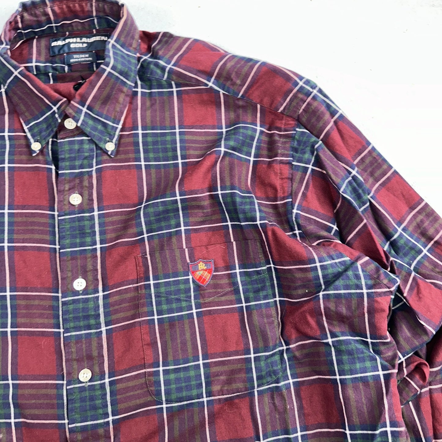 Vintage Polo Ralph Lauren Shirt Mens Large Red Blue Plaid Tilden Golf Crest